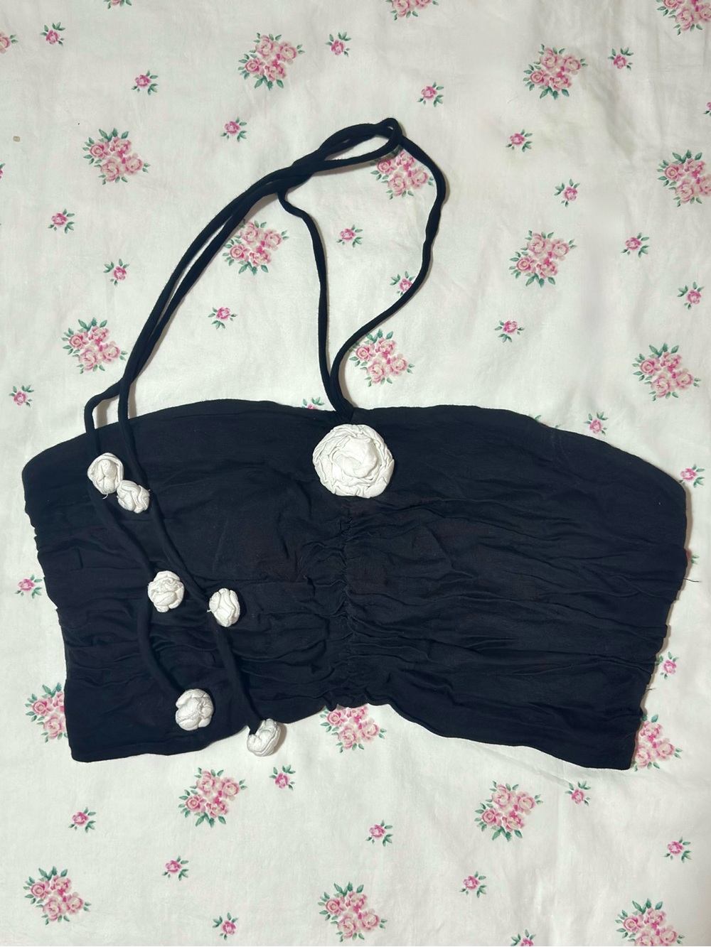 wild fable Black Halter Ruched Crop Top with White Rose Detail Ties SIZE M
